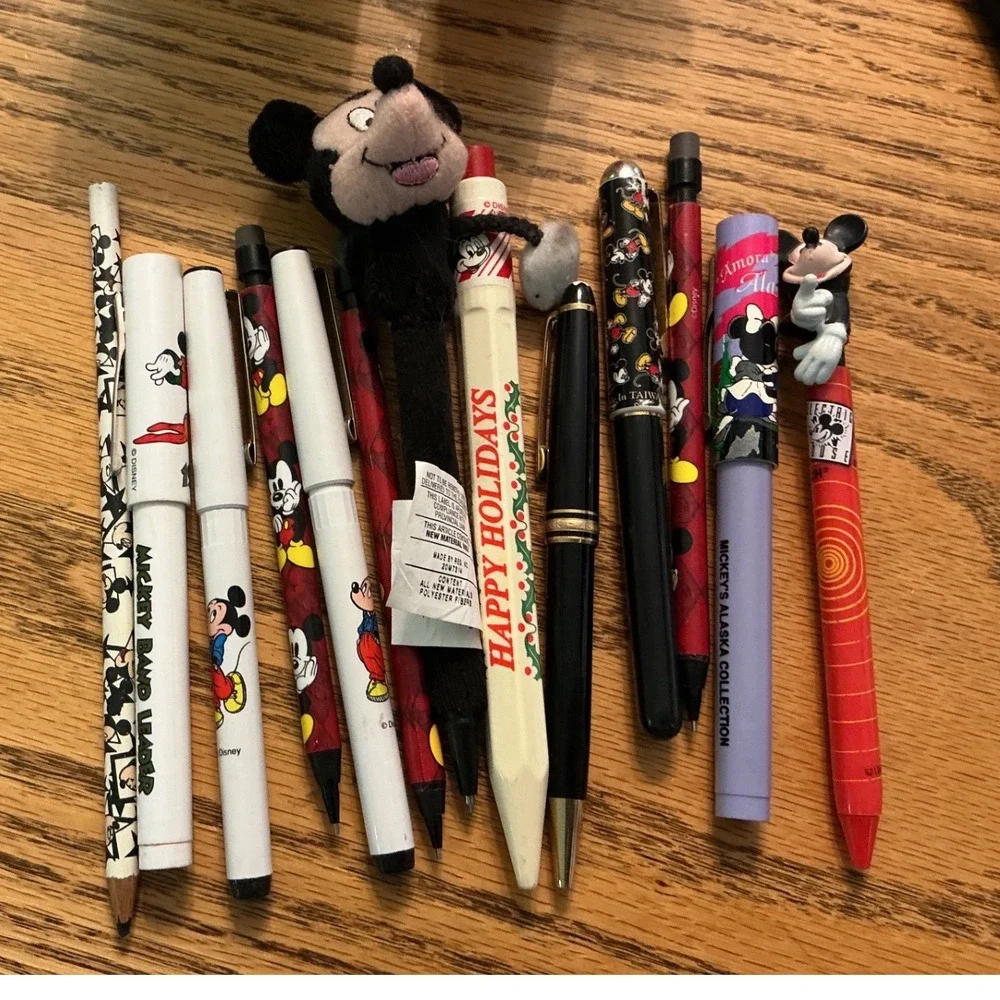 Disney Mickey Mouse Desk Set Tape Dispenser Pencil Cup and Vintage Pens Lot